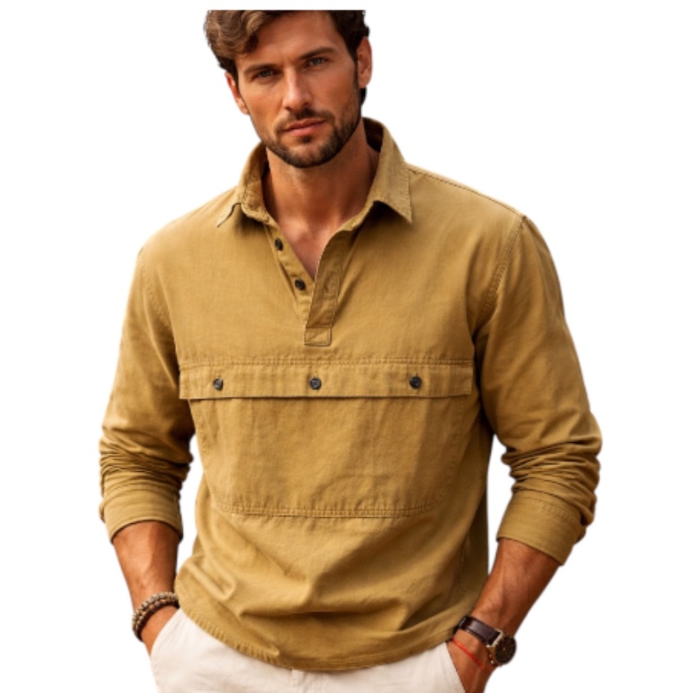 Khaki Safari Military Pullover Shacket Kangaroo Pocket Heavyweight Mens XL